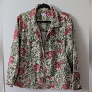 Charter Club Green and Red 100% Linen Jacket with Floral& Leafs Design Size XL
